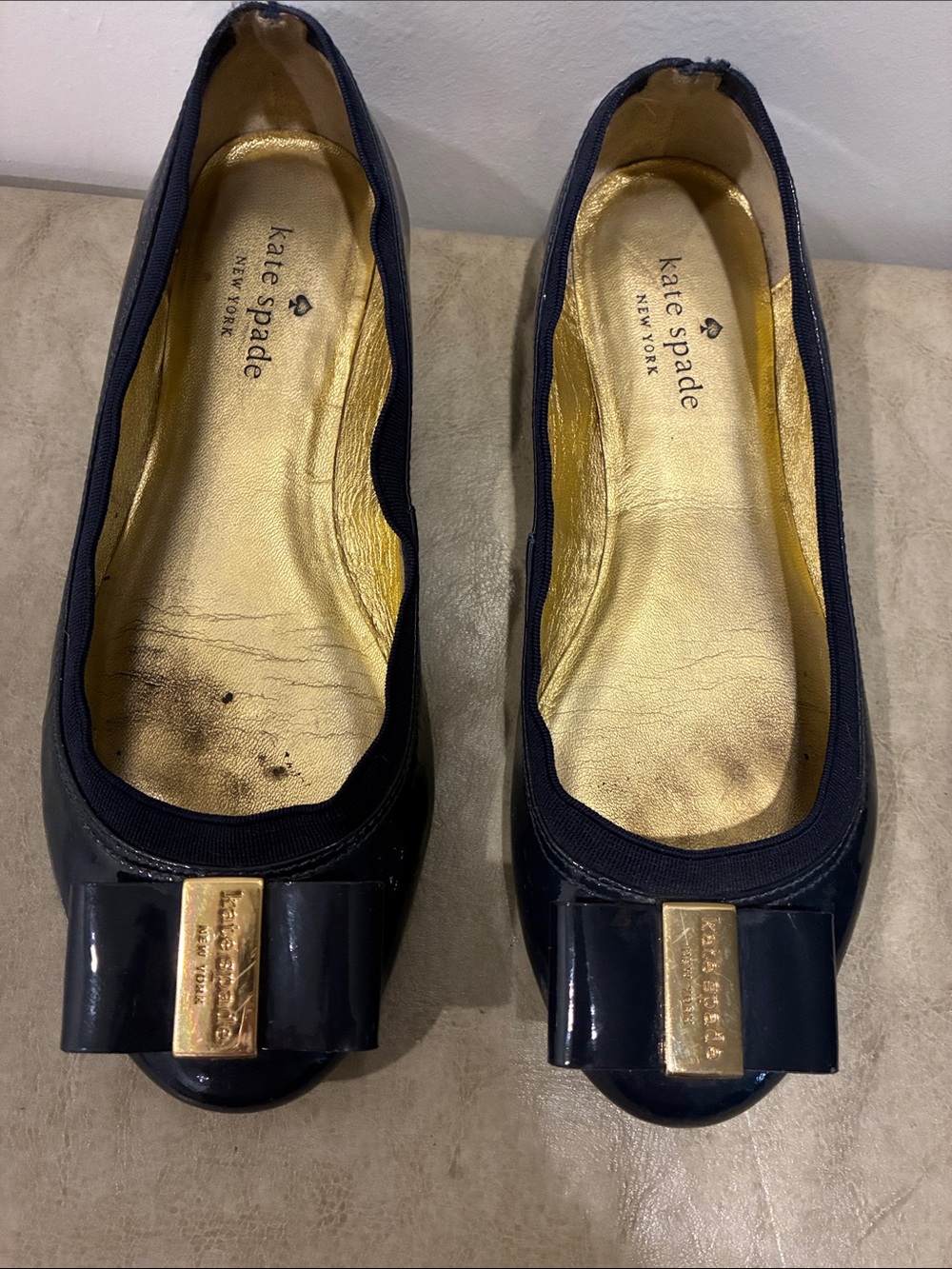 kate spade Navy Patent Leather Bow Flats with Gold Accents